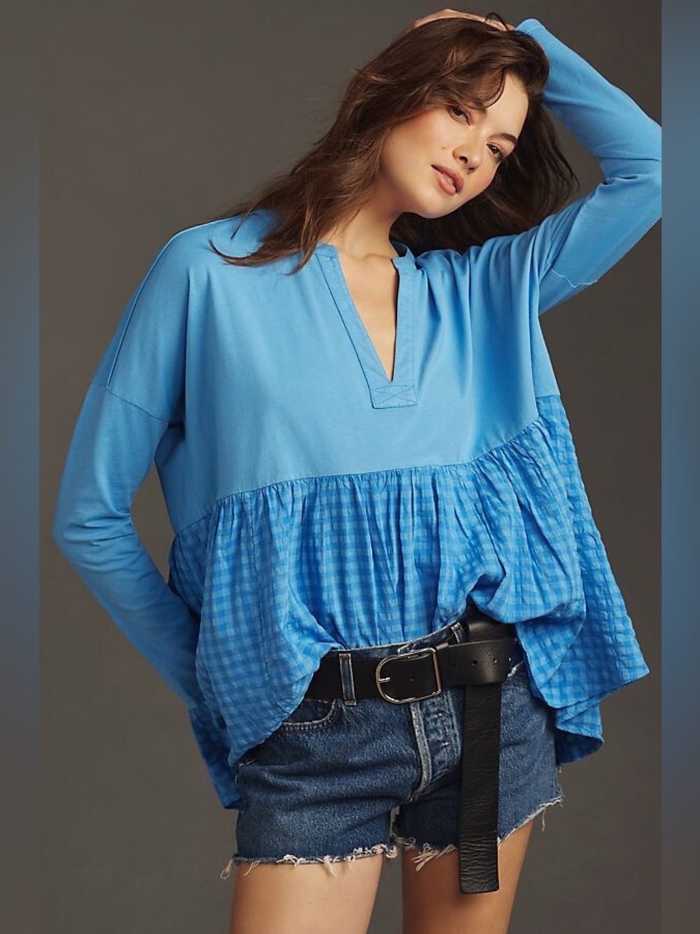 Pilcro Anthropologie Long-Sleeve Babydoll Blouse Gingham Blue Size XL